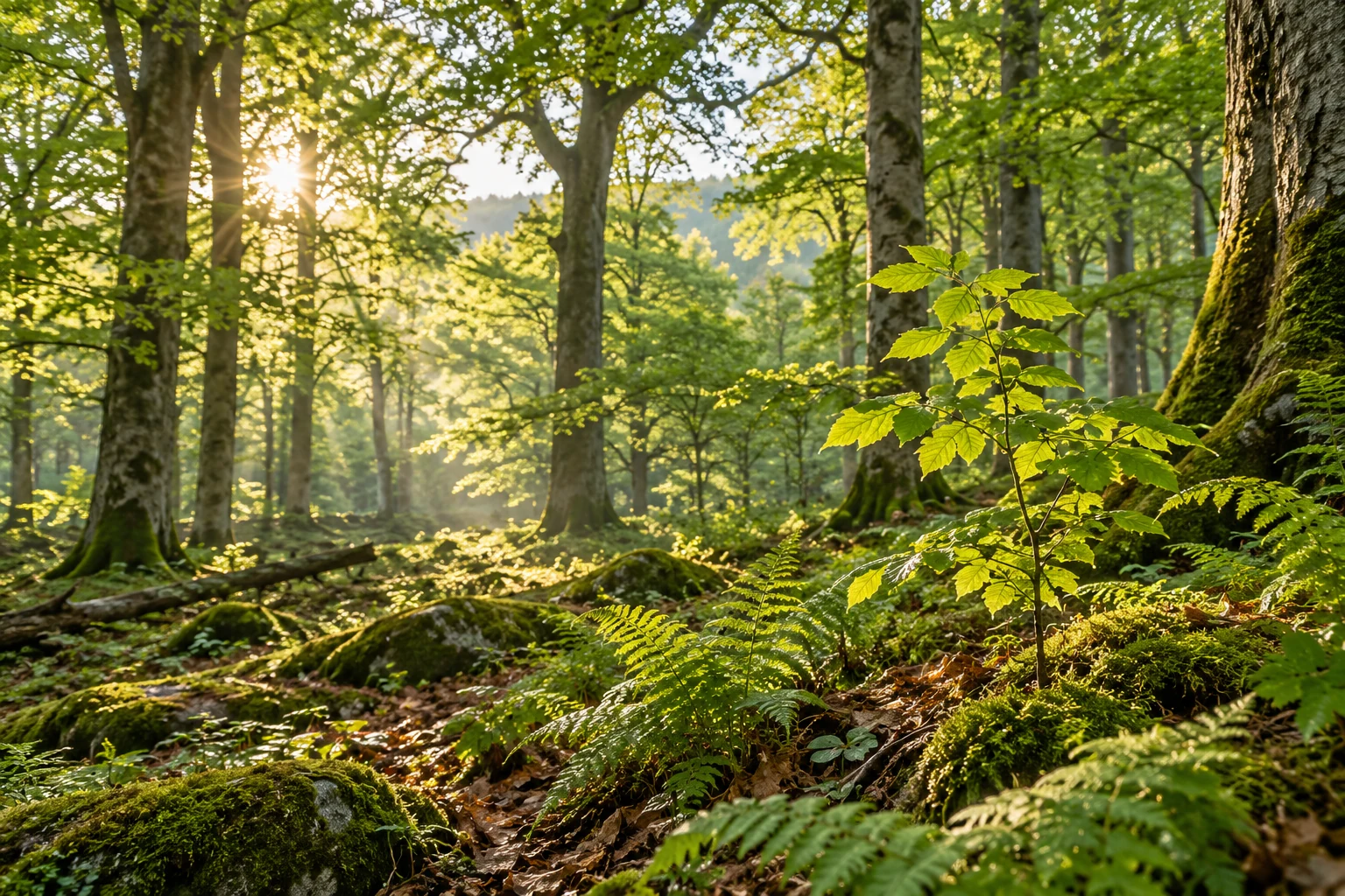 Luce tra gli alberi e giovani piante nel sottobosco